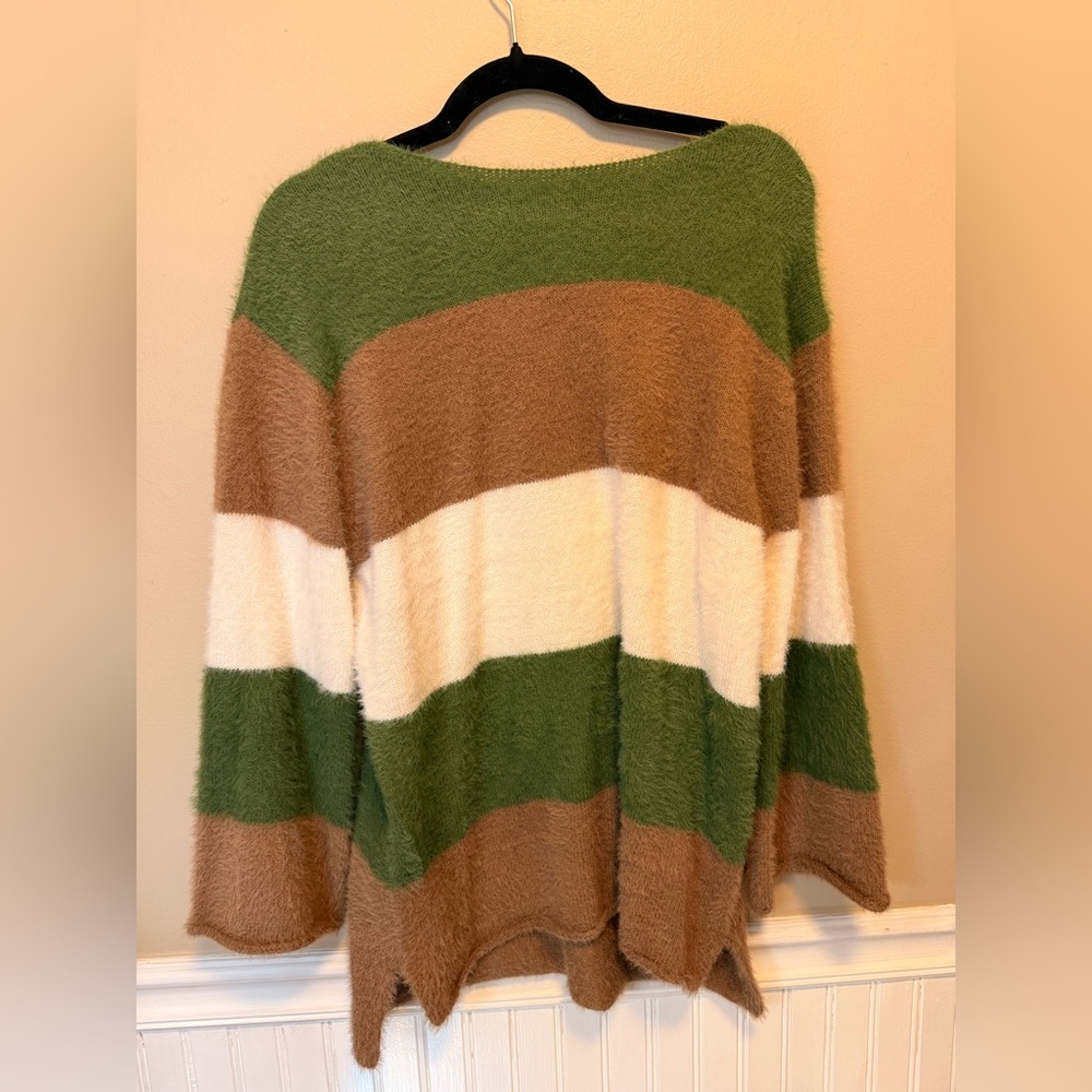 MACARON Green, Brown, and‎ Cream Striped Sweater